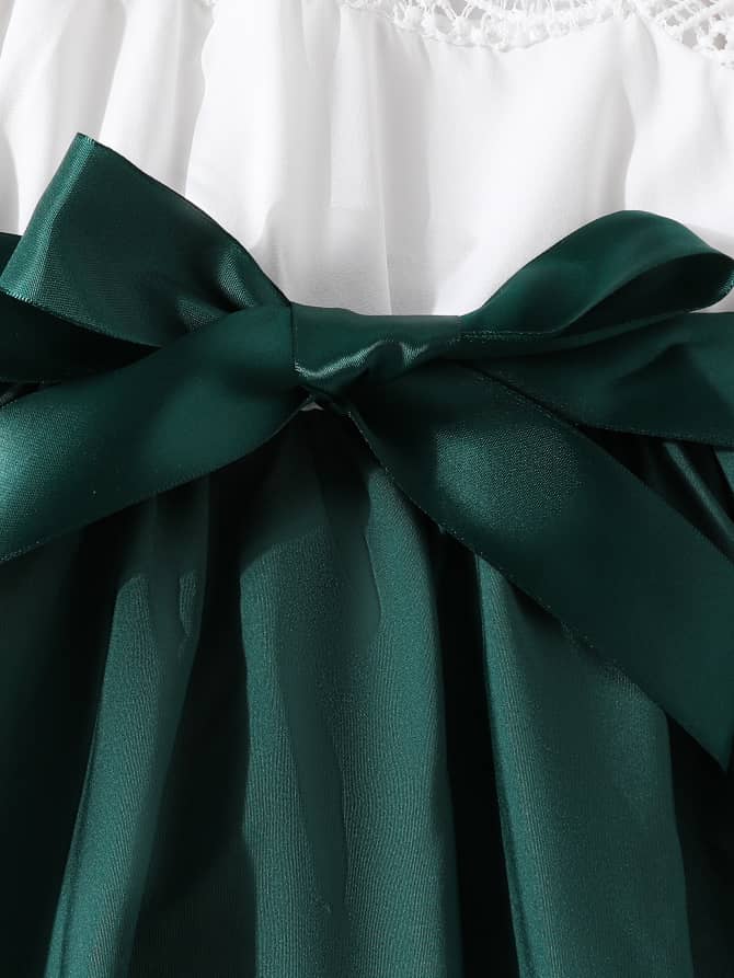 Girls’ Lace Bodice Cap-Sleeve Dress with Satin Bow Accent