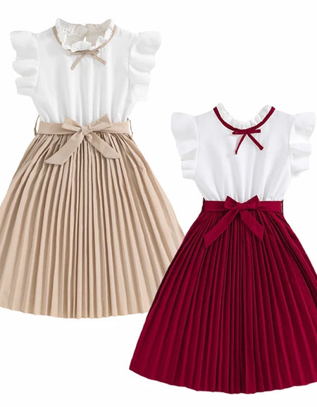 Dual Color Frill Sleeve Ruffle Neck Pleated Dress
