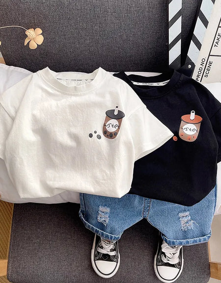 Boys Cartoon Print Tee and Distressed Denim Short Set