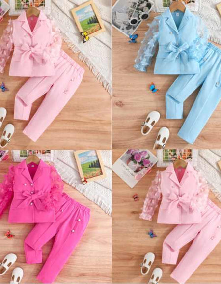 Belted Mesh Butterfly Sleeve Blazer and Button Detail Pant Set