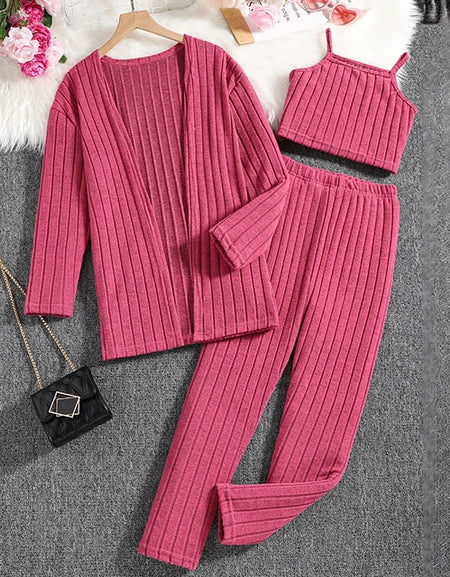 Self-striped Knitted Jacket, Cami Top and Pant 3Piece Set