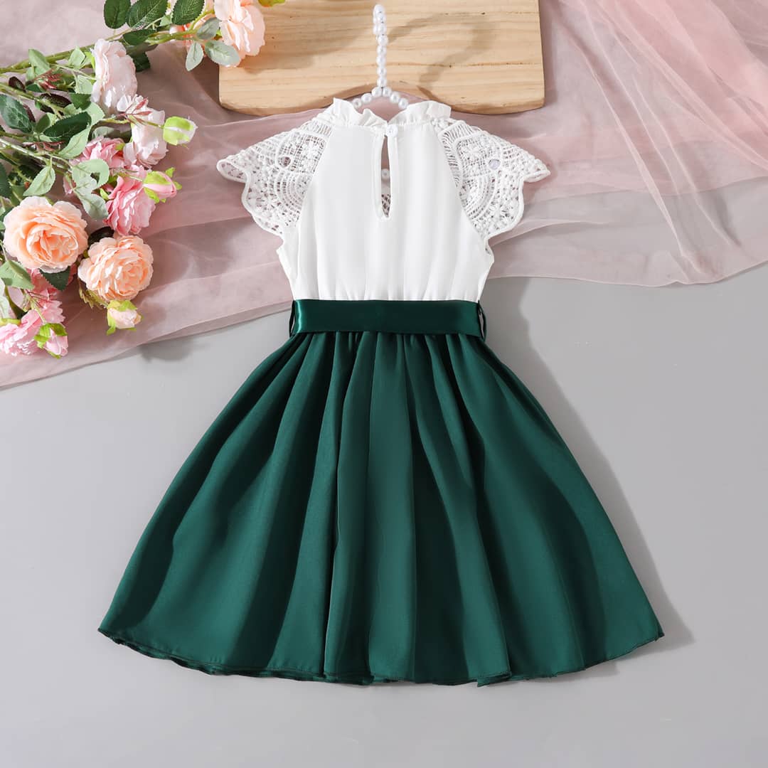 Girls’ Lace Bodice Cap-Sleeve Dress with Satin Bow Accent