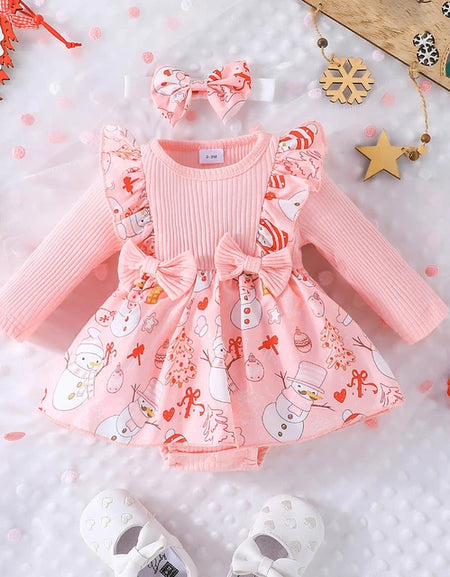 Cute Double Bow Print Romper Dress& Headband Set