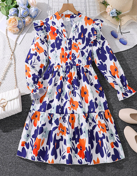 Floral Print Frill Sleeve Shirred Dress