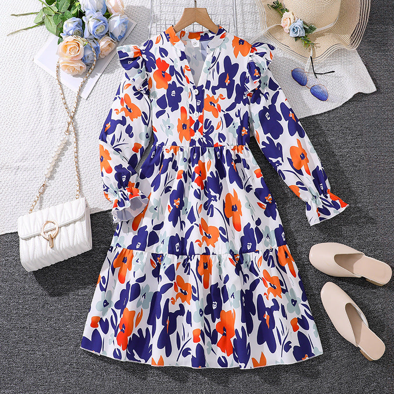 Floral Print Frill Sleeve Shirred Dress