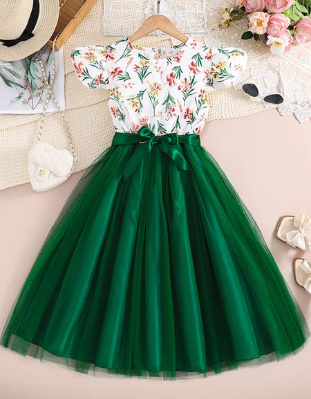 Floral Print Frill Sleeve Tulle Dress