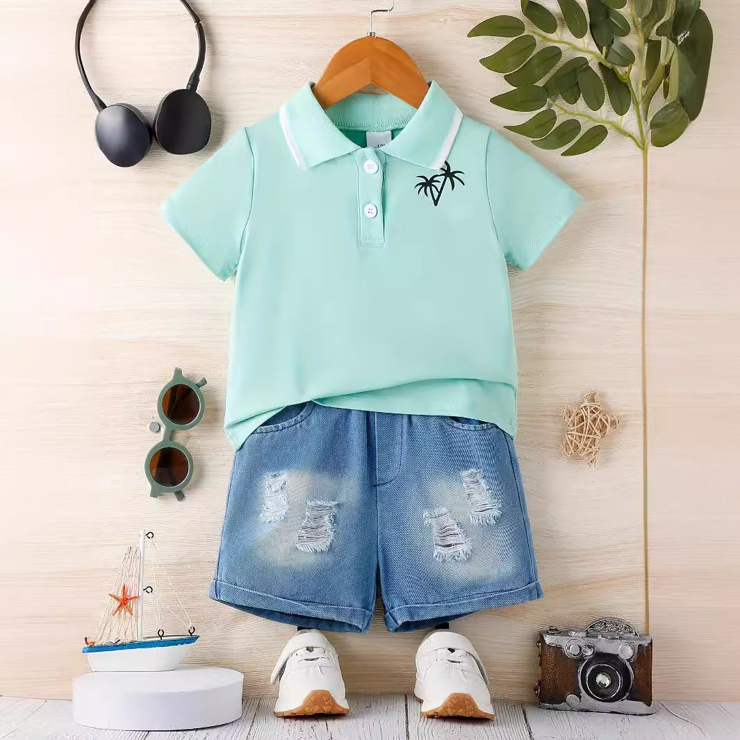 Tropical Cool Boys Polo Tee & Denim Short Set