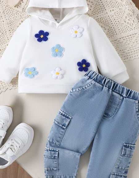 3D Flower Hoodie & Cargo Denim Set