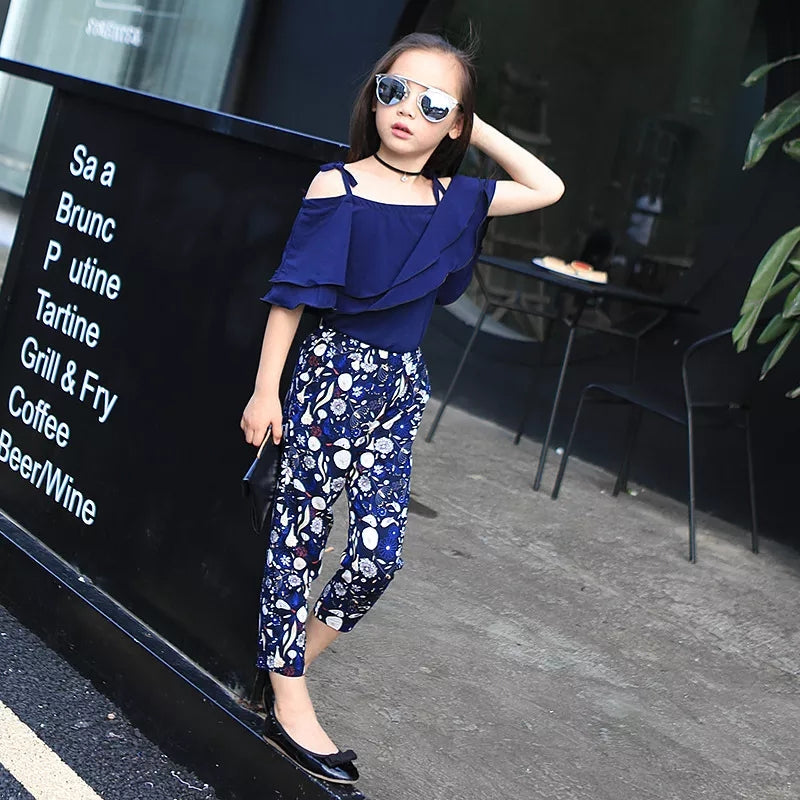 2pieces Layered Top & Flowery Pants Set