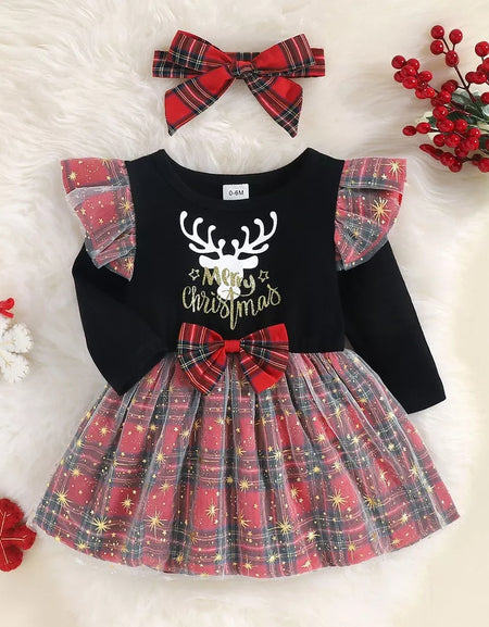 Starlights Plain/Plaid Christmas Dress with Headband