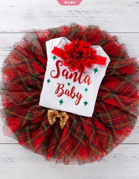 Santa Baby Plaid Skirt Christmas 3piece set