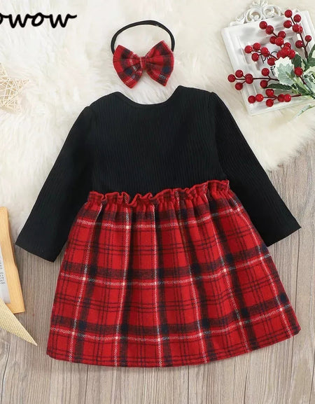 Elegant Bow Plaid Dress & Headband