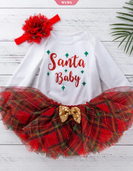 Santa Baby Plaid Skirt Christmas 3piece set