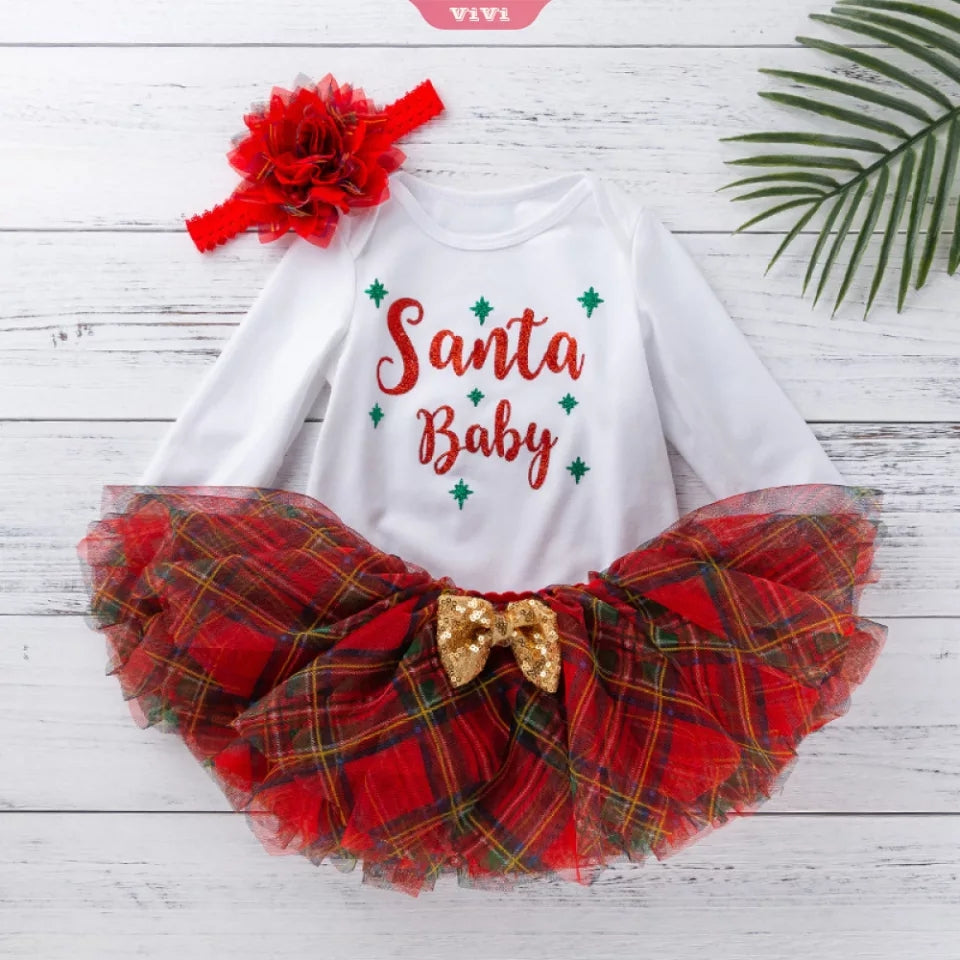Santa Baby Plaid Skirt Christmas 3piece set