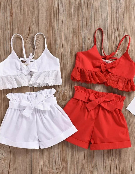 2piece Crop Lace Frill Top & Shorts Set