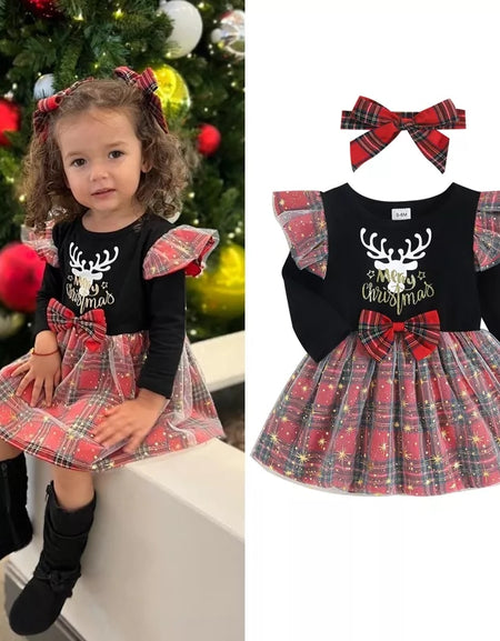 Starlights Plain/Plaid Christmas Dress with Headband