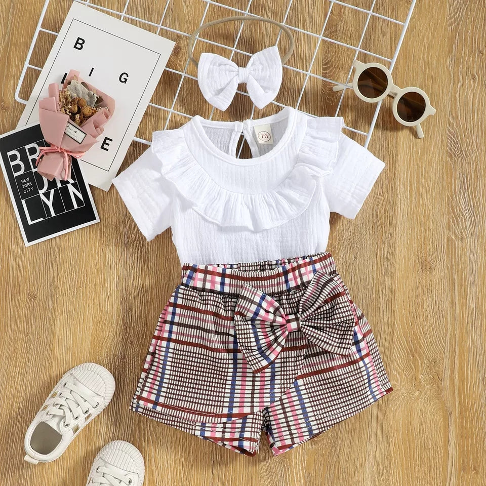 3 PIECE BOW SKORT AND FRILL TOP SET