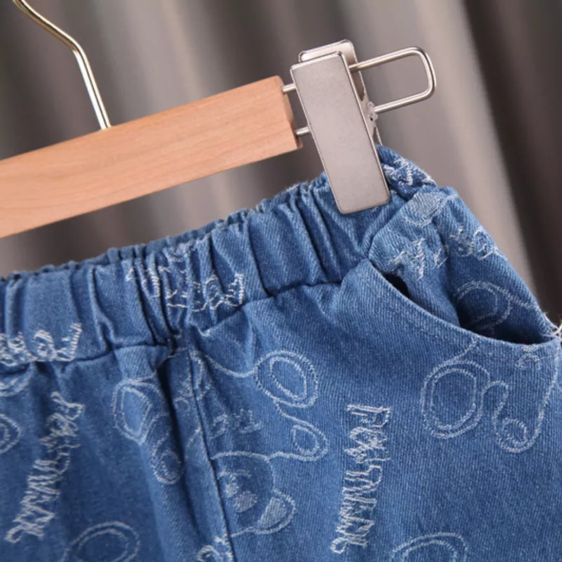 Denim Style Teddy Bear Shirt & Pants 2piece Set