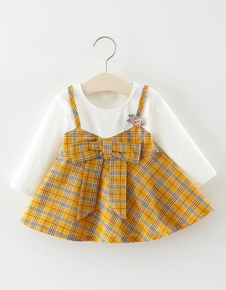 Bow Detailed Plain and Plaid Flare Dress