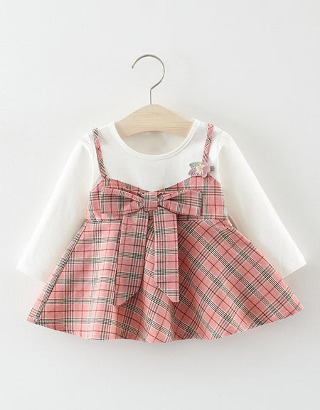 Bow Detailed Plain and Plaid Flare Dress