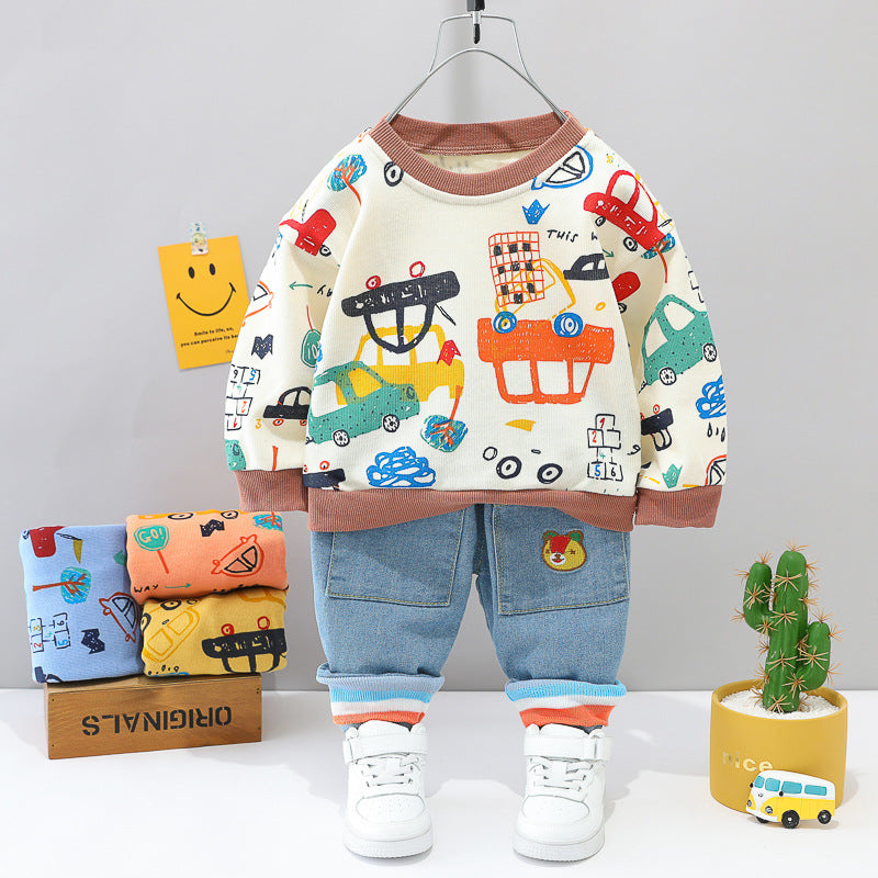 2PC AUTOMOBILE SWEATSHIRT & DENIM PANTS SET