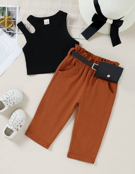 Hollow-Out Top and Pants Set with Belt Bag
