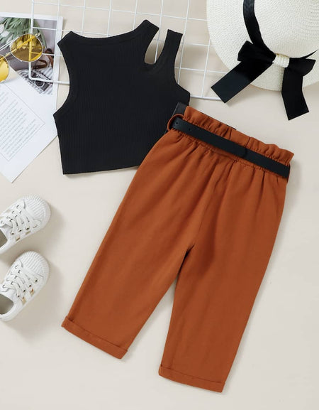 Hollow-Out Top and Pants Set with Belt Bag