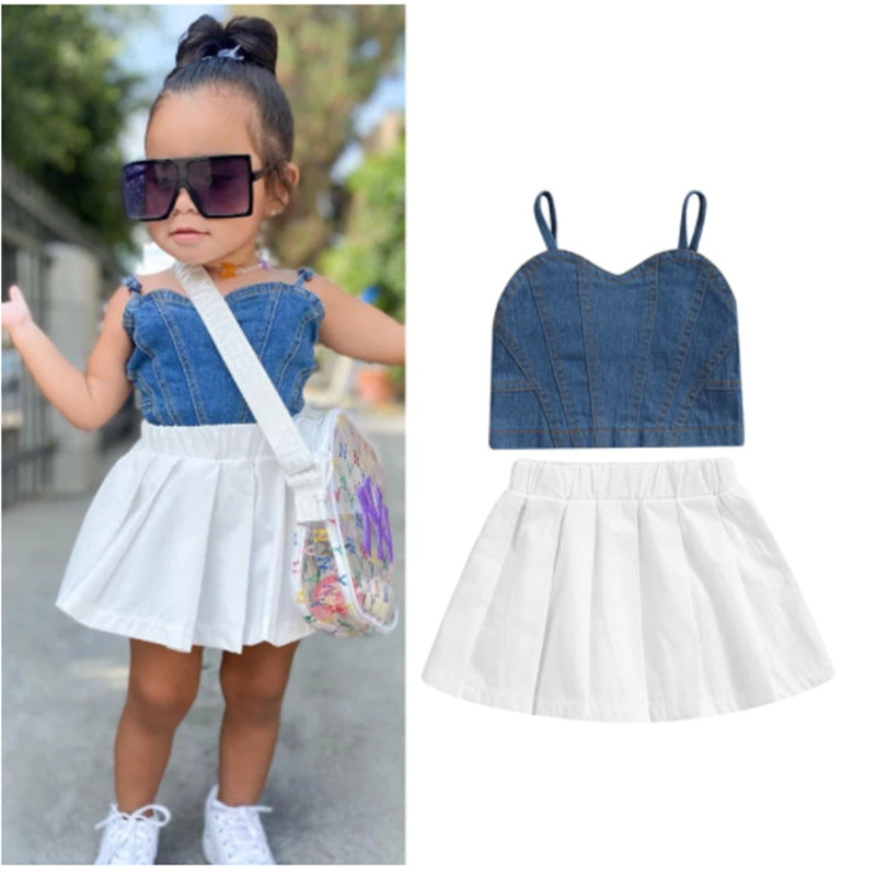 2PC DENIM TOP AND PLEATED SKIRT SET