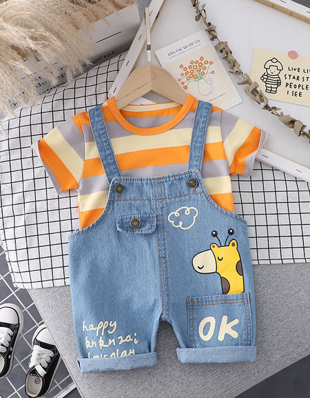 Striped Tee & Giraffe Dungarees Set