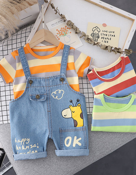 Striped Tee & Giraffe Dungarees Set