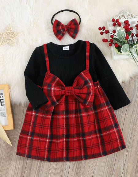 Elegant Bow Plaid Dress & Headband