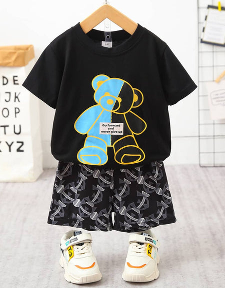 2-Color Teddy Bear Print T-Shirt & Shorts Set