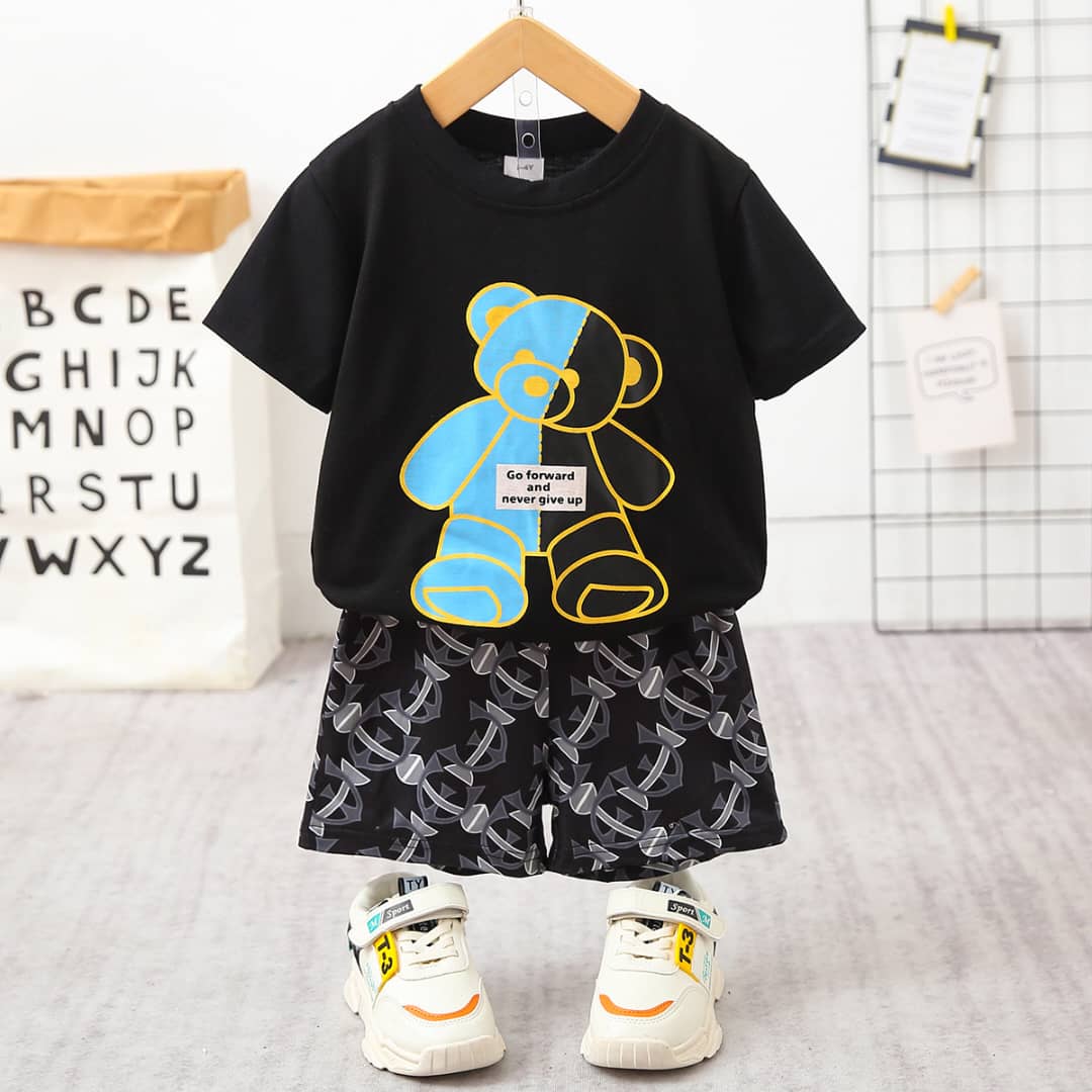 2-Color Teddy Bear Print T-Shirt & Shorts Set
