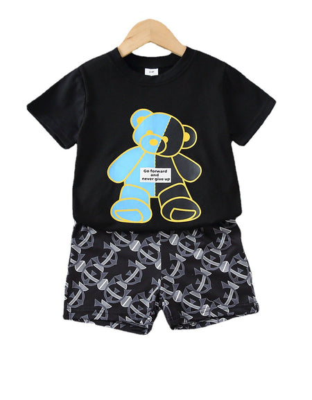 2-Color Teddy Bear Print T-Shirt & Shorts Set