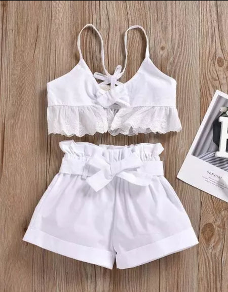 2piece Crop Lace Frill Top & Shorts Set